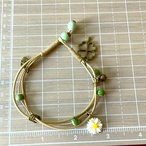 White Daisy Brass Four Leaf Clover Ceramic Beaded Corded Bead Toggle Bracelet
